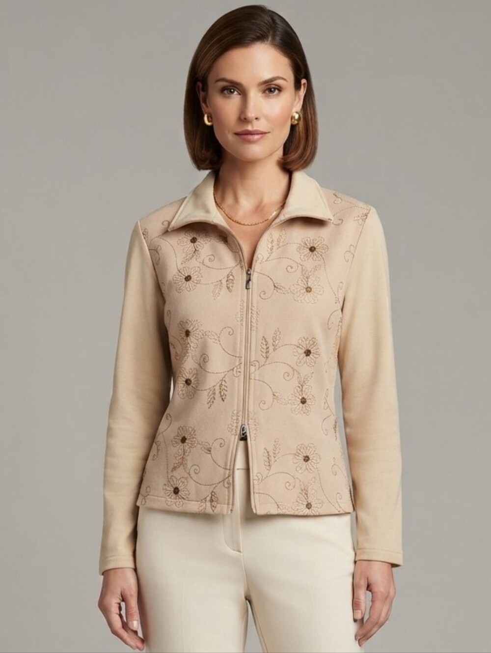 Vintage 90s/Y2K-Escalade Paris Beige Floral Embroidered Zip Blazer Jacket-Boho-M